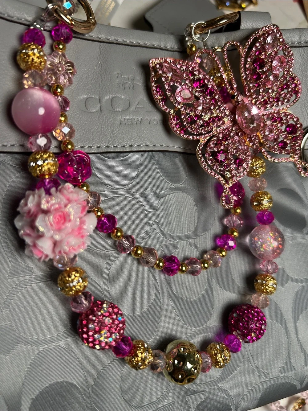 Keychain Pink and Gold Crystal Butterfly Necklace